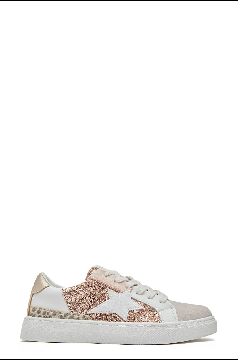 Basket blanche Luna Chic à paillettes rose gold vue de profil sur fond blanc, semelle plateforme et étoile blanche