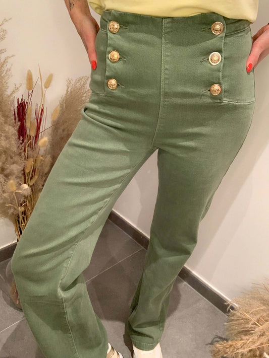 jean taille haute kaki Luna Chic avec boutons dorés élégants vu de face