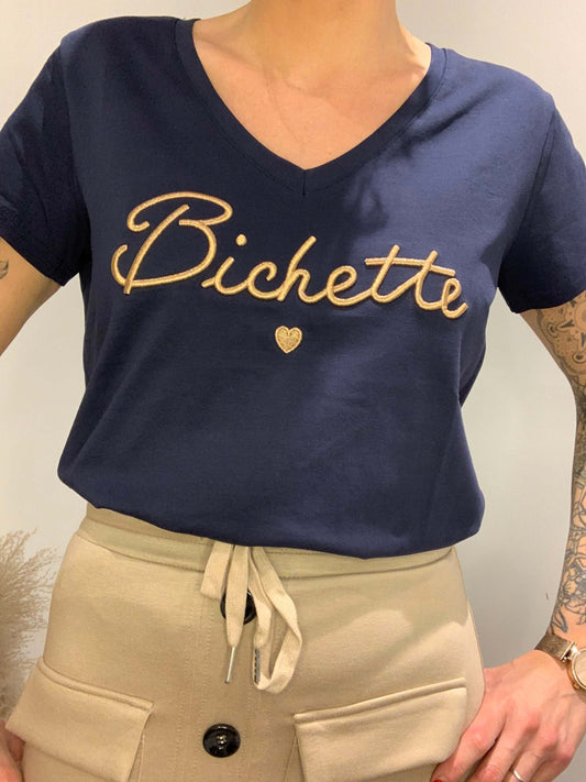 T-shirt bleu marine col V pour femme avec broderie dorée “Bichette” – Look chic et doux signé Luna Chic